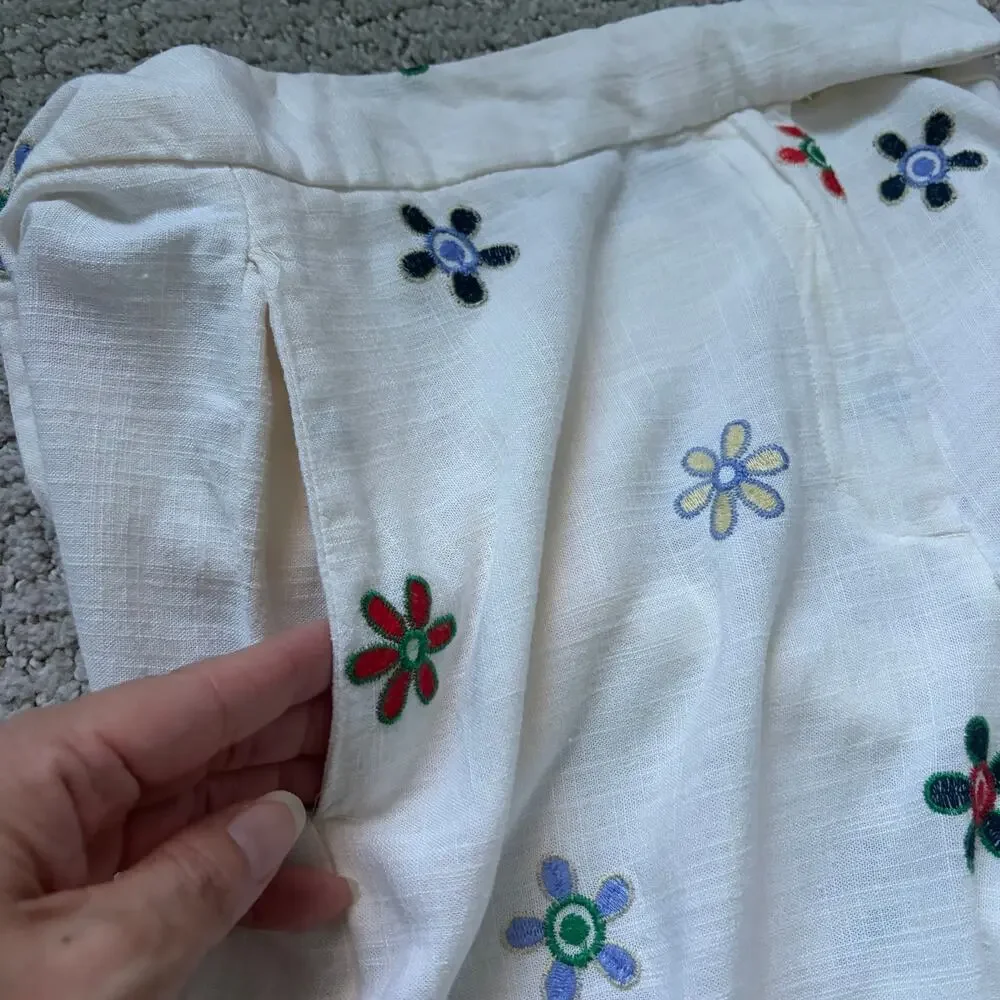 Zara White Wide-Leg Linen Pants with Multicolor Floral Embroidery